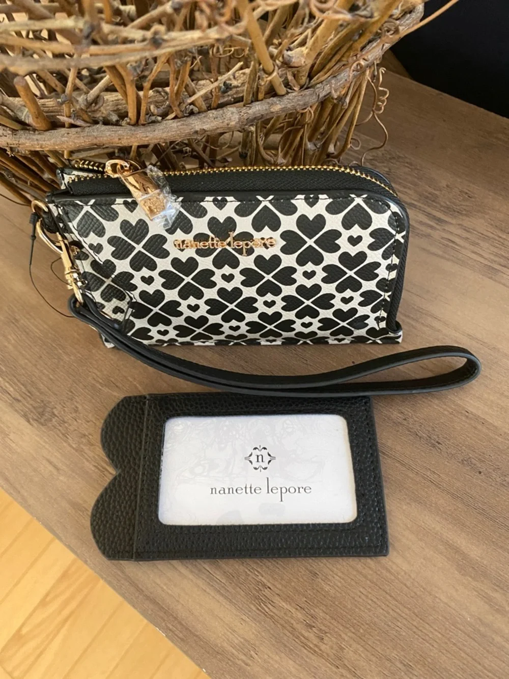 Nanette Lepore Black & White Heart Clover Zip Wristlet